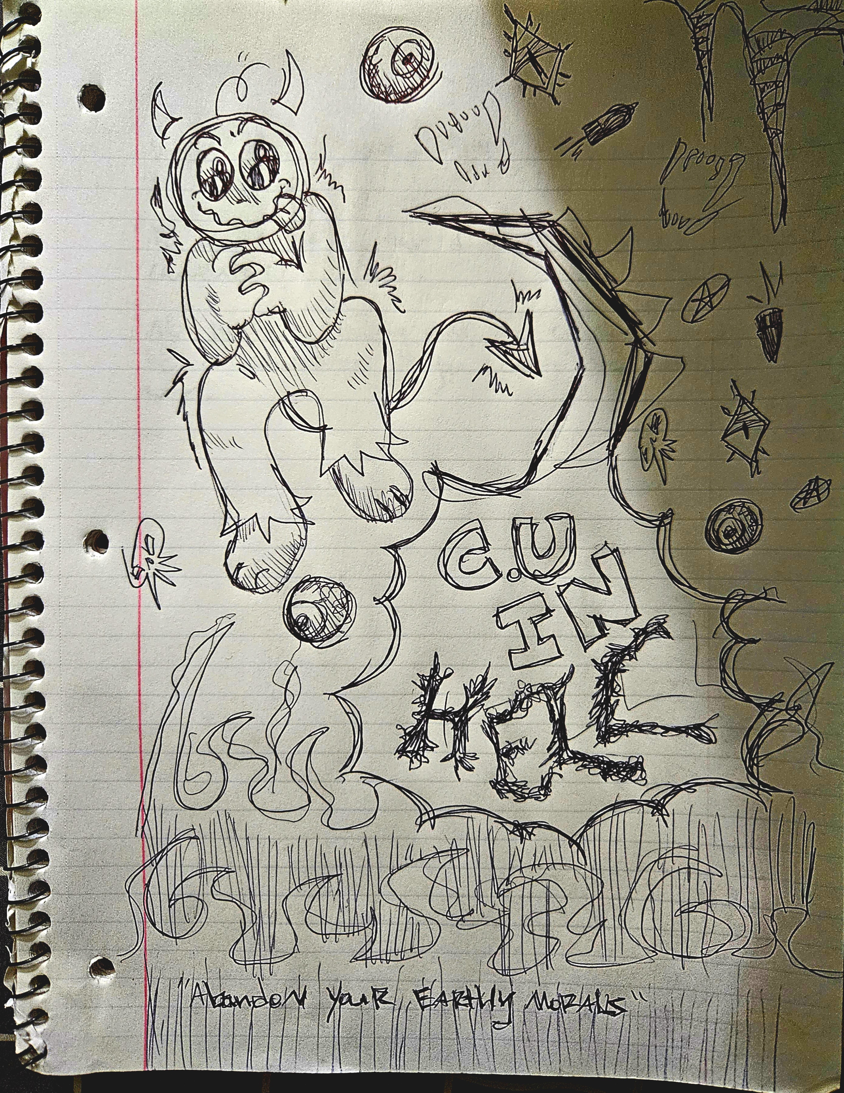 Demon in hell, drawn in pen