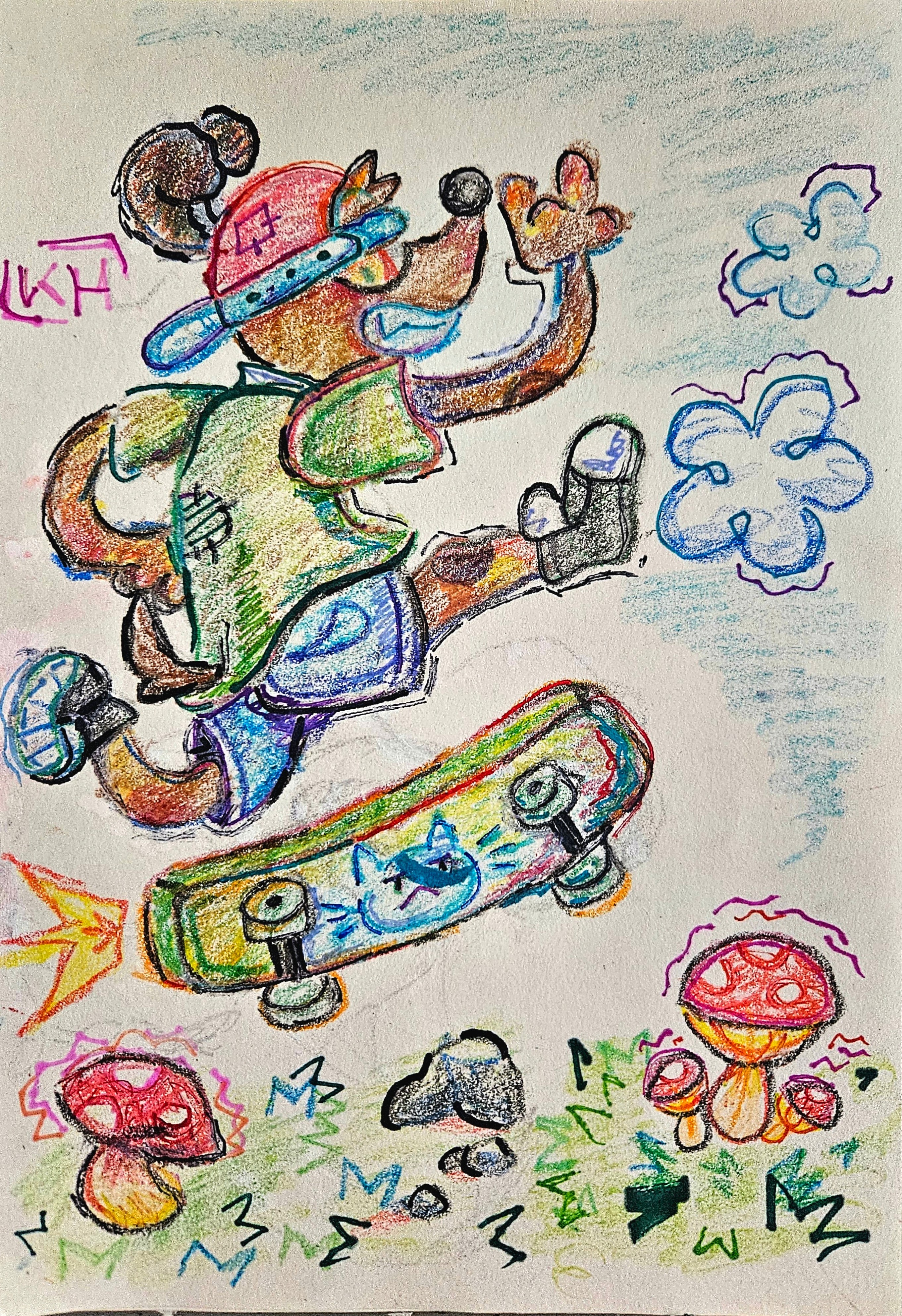 Crayon and sharpie drawing of a dog on a skateboard