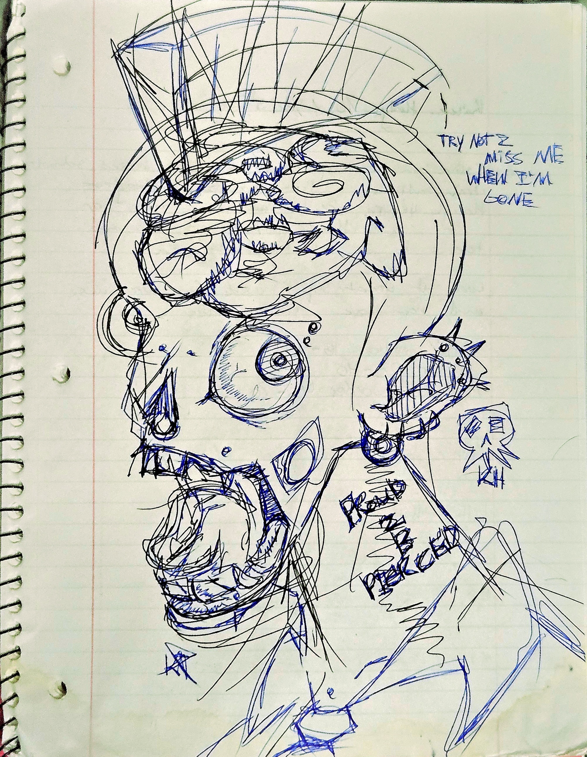 Pen drawing of the zombie with piercing and tattoos